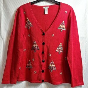 Vtg CB CAREER Christmas Tree Knit Cardigan Sz L Red Holiday Preppy Artsy 90s Fun